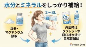 水分補給のためのミネラルウォーターと、塩分タブレットのイメージ