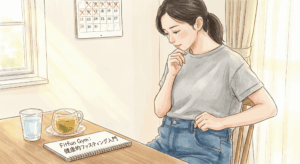 体重計に乗り数値を気にしている、ダイエットに悩む30代女性のイメージ