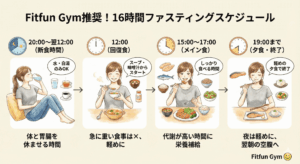 16時間ファスティングのタイムスケジュール表。20時から翌12時が空腹時間、12時から20時が食事可能時間