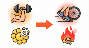 筋トレが脂肪を分解し、有酸素運動が分解された脂肪を燃焼させるという役割分担のイメージ図