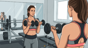 中級者向けメニュー:バーベルを使った筋トレとバイクによるHIITを行っている様子