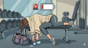 長時間の有酸素運動のやりすぎにより、筋肉が分解されたり疲労が蓄積したりする様子のNGイメージ