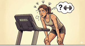 有酸素運動を先に行ってエネルギー切れになり、疲労困憊している様子のNGイメージ