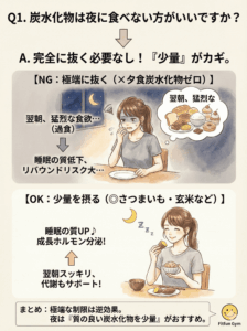 夜に炭水化物を少し食べるメリット(睡眠の質向上など)の解説図