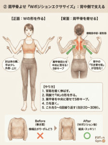 Wの字で肩甲骨を寄せるエクササイズのイラスト