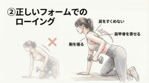 正しいフォームでのダンベルローイング