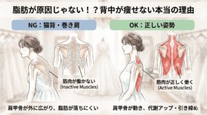 肩甲骨の動きによる背中痩せ効果の比較図