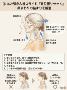 頭を後ろに引いて首の位置を直すエクササイズのイラスト