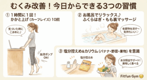 むくみ改善のための3つの習慣（運動、マッサージ、食事）のイラスト