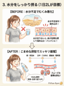 むくみ改善のための効果的な水分摂取法の図解