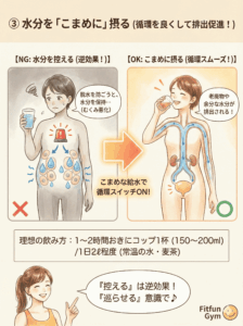 正しい水分補給(こまめに飲む)と間違った水分補給(一気飲み)の比較図