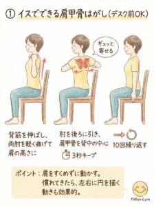 デスクワーク中に座ったままできる肩甲骨はがしストレッチのイラスト