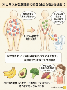 カリウムを多く含む食材(バナナ、アボカドなど)と塩分排出の仕組み図解