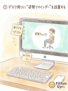 デスク周りに付箋などで姿勢リマインダーを設置するアイデアのイラスト