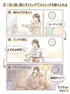 1日1回決まったタイミングでストレッチを行う習慣化のイラスト