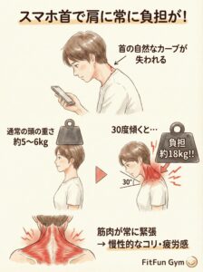 スマホ首(ストレートネック)による頭の重さと肩への負担増の図解