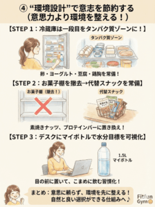 痩せるための冷蔵庫の中身やデスク周りの環境設計図解