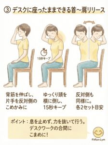 デスクに座ったままできる首・肩のリラックスストレッチのイラスト