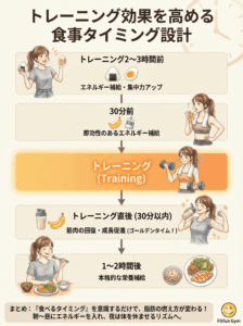 トレーニング前後の食事タイミング設計フローチャート