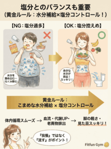 水分摂取と塩分管理のバランスでむくみを解消する黄金ルールの図解