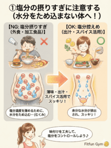 塩分過多の食事と減塩食の比較イラスト