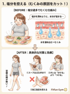 塩分過多によるむくみの仕組みと対策の図解