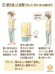 壁を使って正しい姿勢(背中・首の位置)をリセットする方法のイラスト