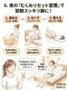 夜のむくみケア3ステップ(入浴、マッサージ、睡眠)のイラスト