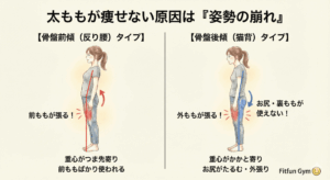 太ももが痩せない原因となる骨盤の前傾・後傾タイプの比較イラスト