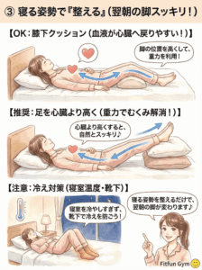 むくみ解消に効果的な寝る姿勢(足を高くする)のイラスト