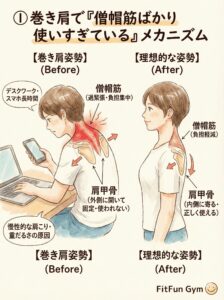 巻き肩によって僧帽筋に負担がかかるメカニズムの図解
