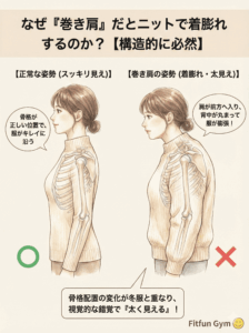巻き肩の人がニットを着ると太って見える骨格的な理由の図解