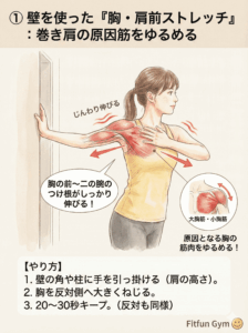 壁を使って胸の前を開くストレッチのやり方図解