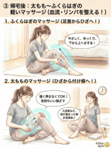 お風呂上がりのリンパマッサージの手順(足首から太ももへ)の図解