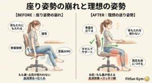 悪い座り姿勢（骨盤後傾）と理想的な座り姿勢の比較イラスト