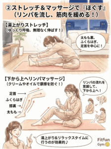 お風呂上がりのストレッチとマッサージのやり方解説図