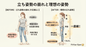 片足重心などの悪い立ち姿勢と、重心バランスの整った理想の立ち姿勢