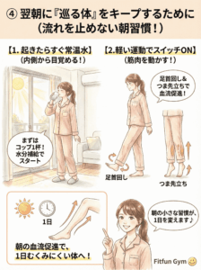 翌朝のむくみ予防習慣(水分補給と軽い運動)のイラスト