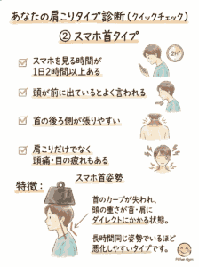 スマホ首タイプの特徴(頭が前へ、首後ろの張り)を示すイラスト