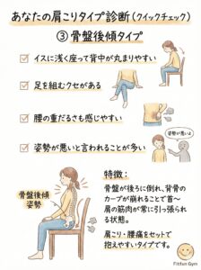 骨盤後傾タイプの特徴(浅い座り、腰の丸まり)を示すイラスト