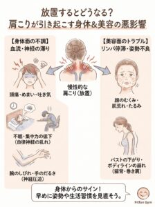 肩こりを放置することで起こる身体的・美容的な悪影響の図解