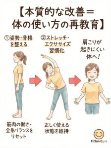 肩こりの本質的な改善には姿勢矯正とストレッチの習慣化が必要であることを示す図