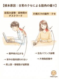 デスクワークや片側操作による筋肉の偏りが肩こりの根本原因であることを示す図
