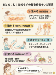 むくみ解消のための4つの習慣まとめイラスト
