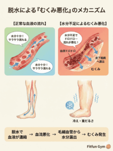 水分不足が引き起こす血液循環の悪化とむくみのメカニズム図解