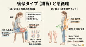 骨盤後傾（猫背）タイプの特徴と、むくみの原因についての図解
