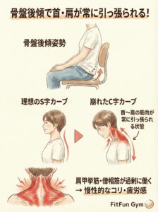 骨盤後傾姿勢が引き起こす首・肩筋肉の緊張メカニズム図解