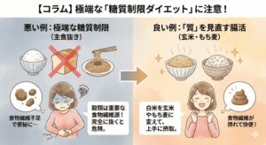 極端な糖質制限による便秘リスクと、玄米・もち麦を取り入れた質の高い腸活ダイエットの比較イラスト