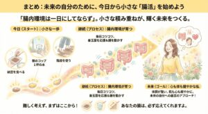 腸活は一日にしてならず。納豆や水飲みなどの小さな習慣の積み重ねが、心身ともに健やかな未来を作ることを示したまとめのイラスト