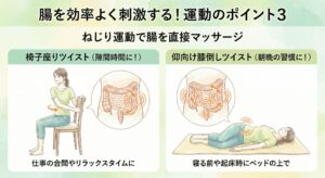 椅子に座って行うねじり運動と、寝て行うねじり運動が腸を直接マッサージして刺激する様子のイラスト